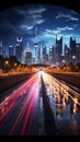 Cityscape and night traffic converge, creating a dynamic urban nocturne