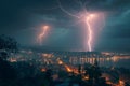 Cityscape at night with two lightning strikes creating dramatic scenery Royalty Free Stock Photo