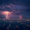 Cityscape at night with two lightning strikes creating dramatic scenery Royalty Free Stock Photo