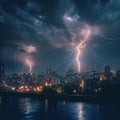 Cityscape at night with two lightning strikes creating dramatic scenery Royalty Free Stock Photo