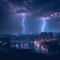 Cityscape at night with two lightning strikes creating dramatic scenery Royalty Free Stock Photo