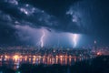 Cityscape at night with two lightning strikes creating dramatic scenery Royalty Free Stock Photo