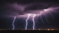 cityscape at night, under a dark stormy sky that unleashes multiple lightning bolts that light up the scene.