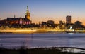 Cityscape of Nijmegen, Province Gelderland, The Netherlands, view of river Waal and Steven\'s Church, long exposure