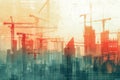A Cityscape With Numerous Tall Buildings and Construction Cranes, A city growth illustration overlaid with contemporary Royalty Free Stock Photo