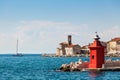 Cityscape of the old city Piran with medieval and new lighthouses Royalty Free Stock Photo