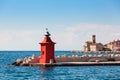 Cityscape of the old city Piran with medieval and new lighthouses Royalty Free Stock Photo