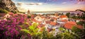 Cityscape of old croatian resort - Omis town. Adriatic sea, Dalmatia coast, Croatia, Europe. Summer sunset. Travel Croatia Royalty Free Stock Photo