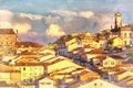 Cityscape of old town colorful painting, Ouro Preto, Minas Gerais state, Brazil. Royalty Free Stock Photo