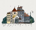 Cityscape old town hand drawn watercolor illustration. Old city landscape with tower, houses, trees. Grunge ink sketch Royalty Free Stock Photo