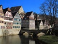 Timber-framed buildings at river, historic skyline of town in Germany