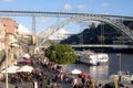 cityscape Oporto ribeira place,with iron bridge and river with boats