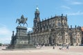 Cityscape over historical and touristic center in Dresden downtown and Statue of King Johann, Cathedral of Holy Trinity and State