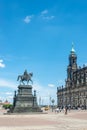 Cityscape over historical and touristic center in Dresden downtown and Statue of King Johann, Cathedral of Holy Trinity and State