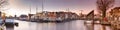 Cityscape, panorama, banner - view of city channel with ships, the city of Leiden Royalty Free Stock Photo