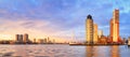 Cityscape, panorama, banner - view of Rotterdam with Tower blocks in the Kop van Zuid neighbourhood and Erasmus Bridge Royalty Free Stock Photo