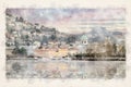 The city of Como on Lake Como in Lombardy Italy. Watercolor Illustration.