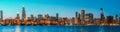 Cityscape panorama view of buildings in Chicago downtown district at twilight blue hour, banner size Royalty Free Stock Photo