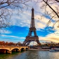 Autumn view over the Seine river with bridge and view towards the Eiffel Tower Royalty Free Stock Photo