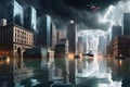 Cityscape in Peril: Panoramic View of a Turbulent Flood Partially Submerging the Urban Landscape - Besieged Skyscrapers Reflecting