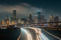 Cityscape photo of the Houston skyline at night, in Houston, Texas