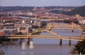 Cityscape of Pittsburgh and Evening Light. Fort Duquesne Bridge