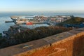 Cityscape of port of Helgoland, Germany, taken from the cliff above the city. Sunny day of winter in German archipelago