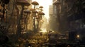 Cityscape of a post-apocalyptic city overwhelmed by fungus illustration