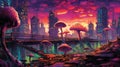 Cityscape of a post-apocalyptic city overwhelmed by fungus illustration