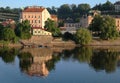Cityscape, Prague, Czech Republic, bank of the Vltava river, reflections of houses in the water