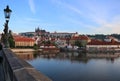 Cityscape, Prague, Czech Republic, bank of the Vltava river, stone bridge, reflections in the water