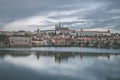The cityscape of Prague, Czech Republic, on a cloudy winter day, with the Vltava River coast Royalty Free Stock Photo