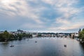 Cityscape of Prague and Vltava river at sunset