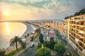 Cityscape of Promenade des Anglais in Nice in evening at sunset.