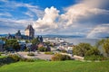 Cityscape of Quebec and St. Lawrence River, On a cloudy sunny day, with rainbow in the background. Concept of travel. Canada