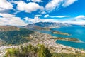 Cityscape of queenstown with lake Wakatipu from top, new zealand, south island