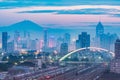 Cityscape and railway station at evening time. Shenzhen Royalty Free Stock Photo