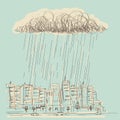 Cityscape with rain.Vector hand drawn dark cloud in wet day