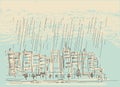 Cityscape with rain.Vector hand drawn dark clouds in wet day