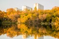 Cityscape. Rates. Trees. Bereg. Pond. Reed.Autumn landscape