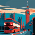 Cityscape with red busses, Big Ben and the Houses of Parliament in the background London retro style poster design.