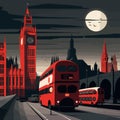 Cityscape with red busses, Big Ben and the Houses of Parliament in the background London retro style poster design.