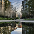 A cityscape reflected in a pool of water creates a surreal, upside-down effect. Royalty Free Stock Photo