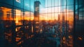 A cityscape reflected in a skyscraper\'s glass facade at sunset Royalty Free Stock Photo