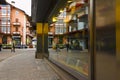 Cityscape of reflection of houses in the shops glass in Cortina dAmpezzo, Province of Belluno, Italy