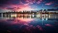 Cityscape reflection on water, skyscrapers illuminate the night generated by AI