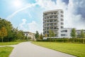 Cityscape of residential area with modern apartment buildings, new green urban landscape in the city Royalty Free Stock Photo