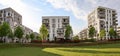 Cityscape of a residential area with modern apartment buildings, new green urban landscape in the city