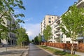 Cityscape of residential area with modern apartment buildings, new green urban landscape in the city