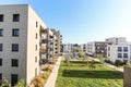 Cityscape of a residential area with modern apartment buildings, new green urban landscape in the city Royalty Free Stock Photo